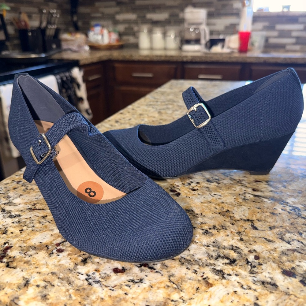 Me Too Dark Blue Wedge Mary Jane Shoes